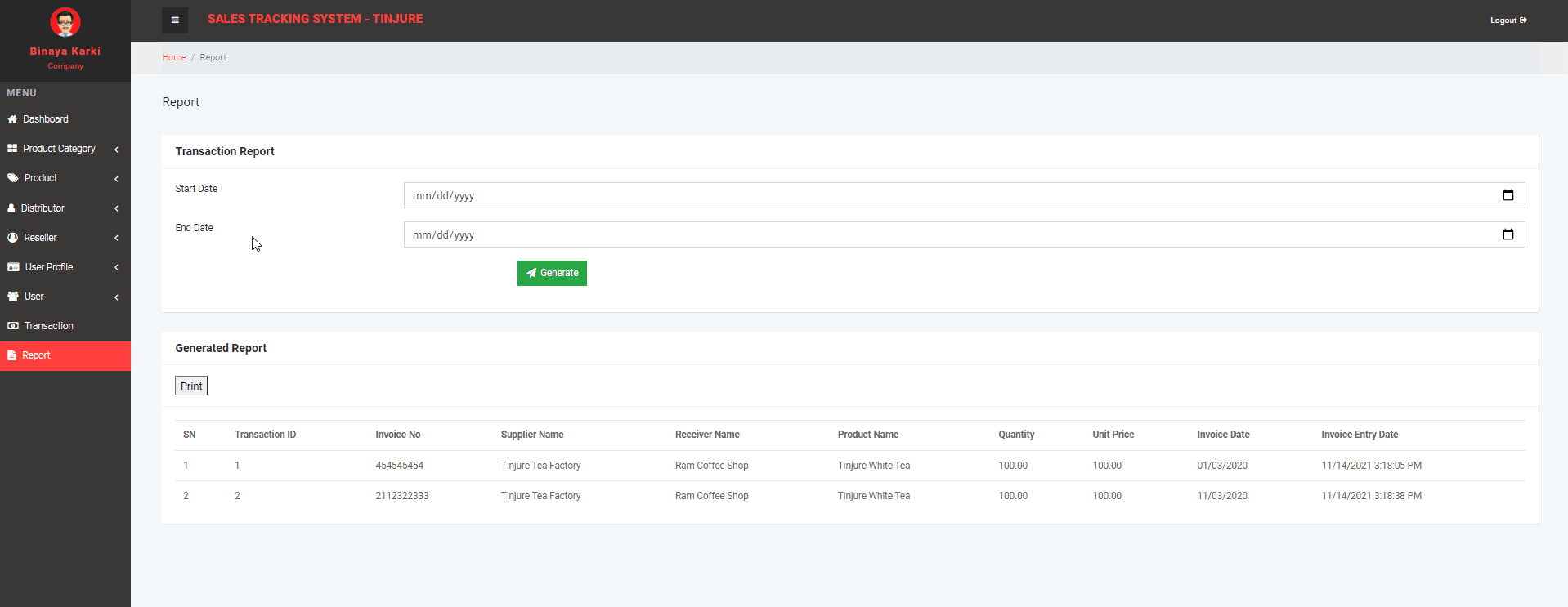 Sales Tracking System Tinjure Tea Factory